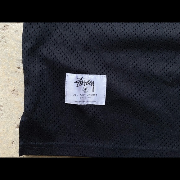 Stussy Short Sleeve Black Mesh Spellout Jersey - Picture 2 of 7